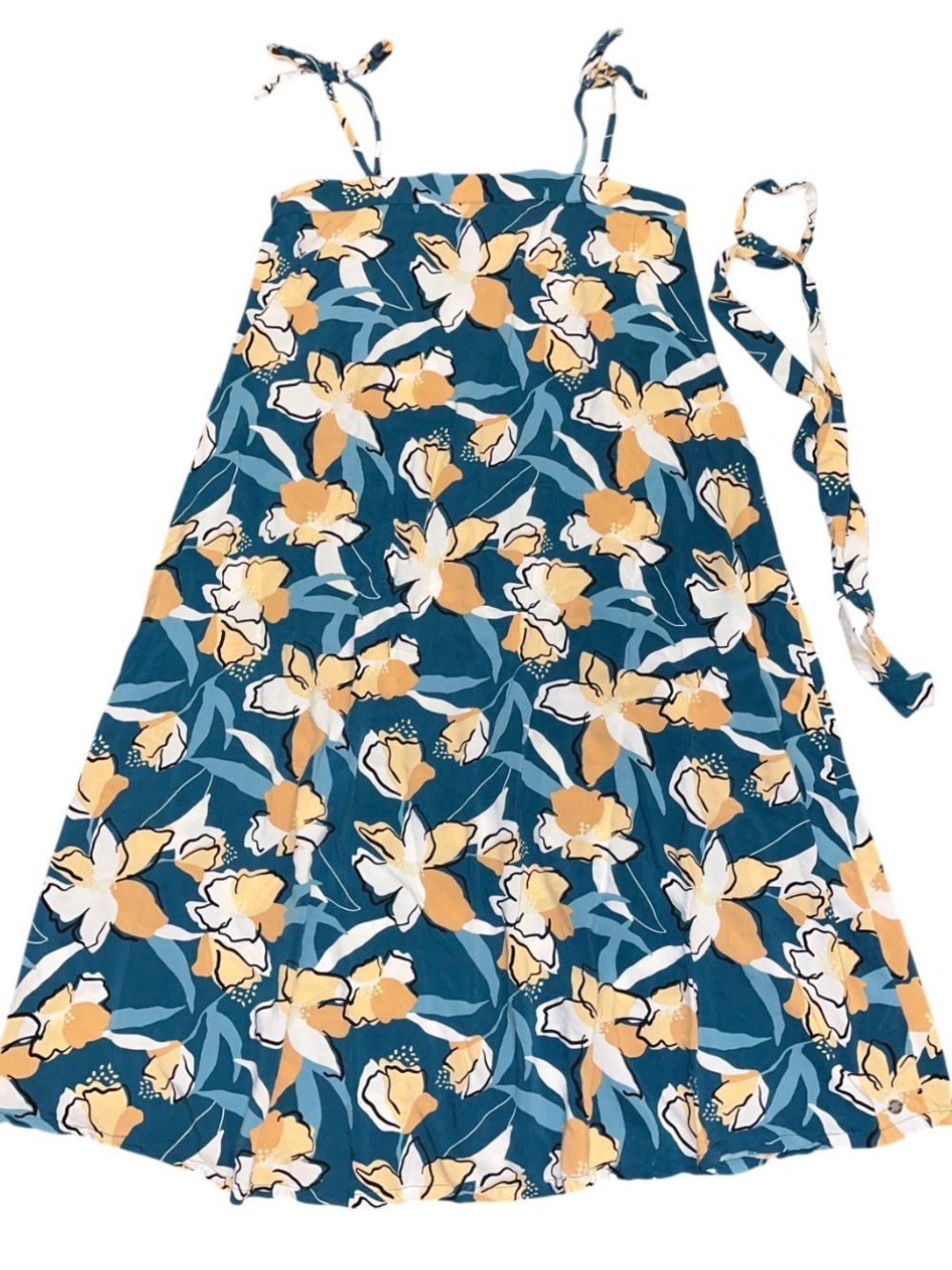 Roxy Teal Blue Tan Floral Midi Sun Dress Summer EUC Small Flowing Festival